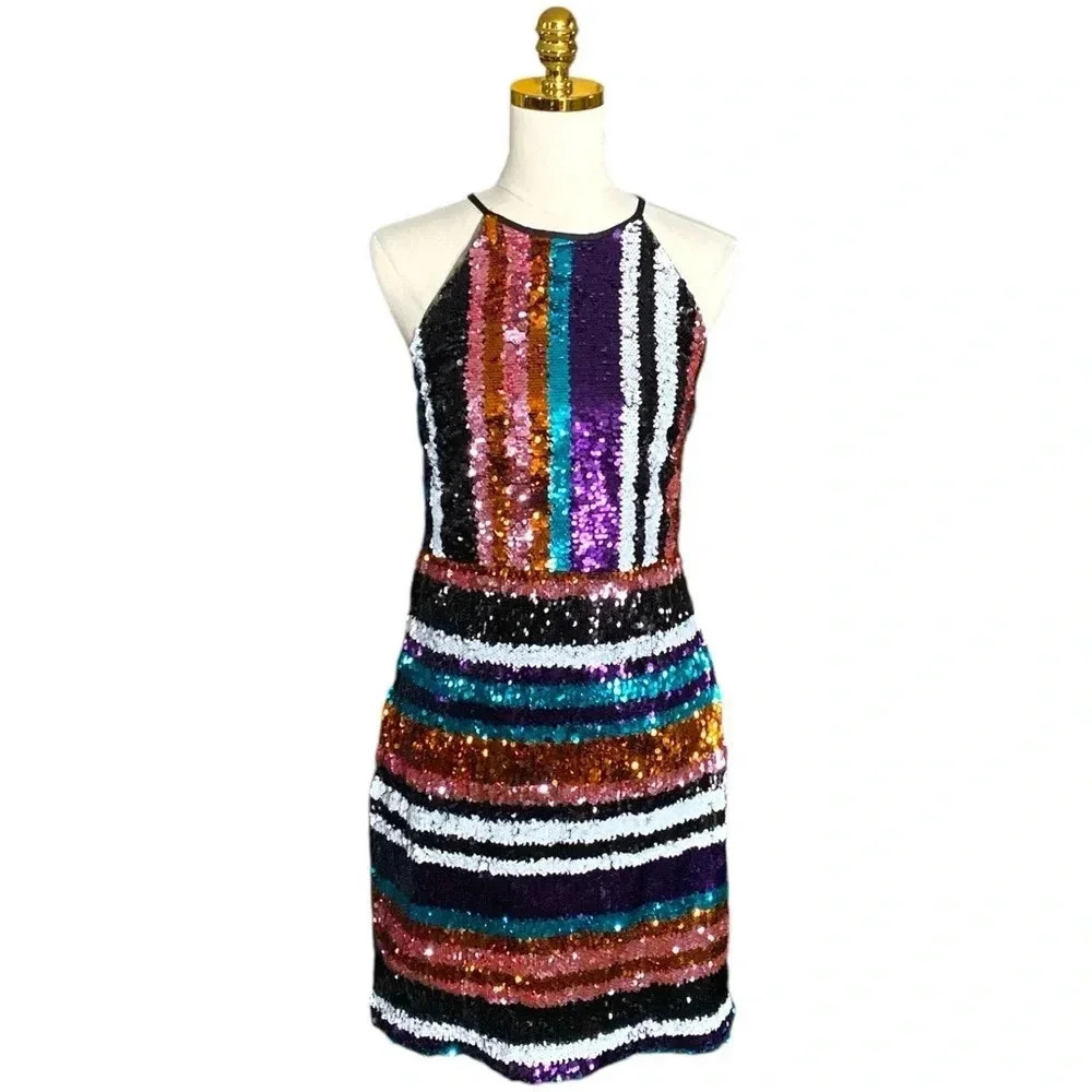 TNFC LONDON Women Sequins Halter Neck Multicolor Party Disco Fitted Dress Sz 12